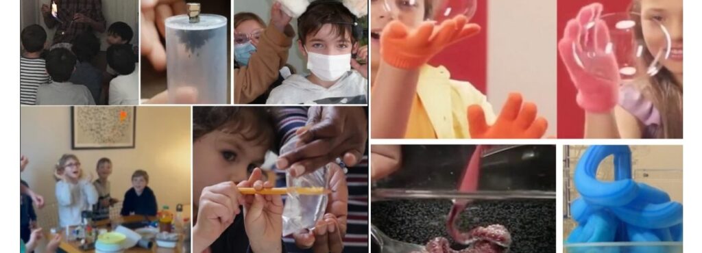 Mosaïque de différentes expériences scientifiques avec des enfants et ados